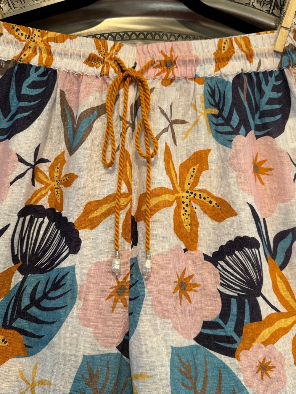 Rinku Linen Floral Wide-Leg Pants White, Pink, Mustard, Teal XL NWT - Picture 5 of 10